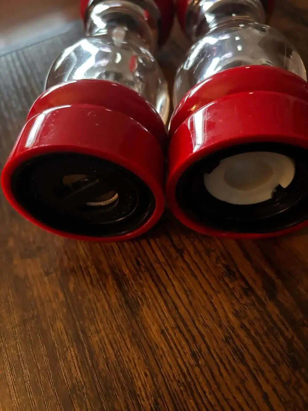 Vintage Olde Thompson Red and Clear Acrylic Salt and Pepper Grinder Set